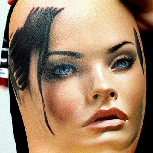 Image similar to realism tattoo sketch of double exposure megan fox with beautiful mountain scenery, in the style of andrey lukovnikov