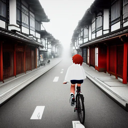 Image similar to anime girl riding bicycle in highly detailed kyoto street, studio ghibli style, by hayao miyazaki, sharp focus, desaturated, fog, highly detailed, 4k