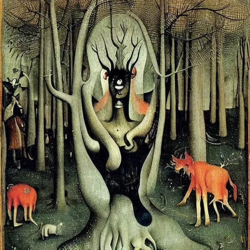 Prompt: surreal and beautiful forest spirit, painted by hieronymous bosch
