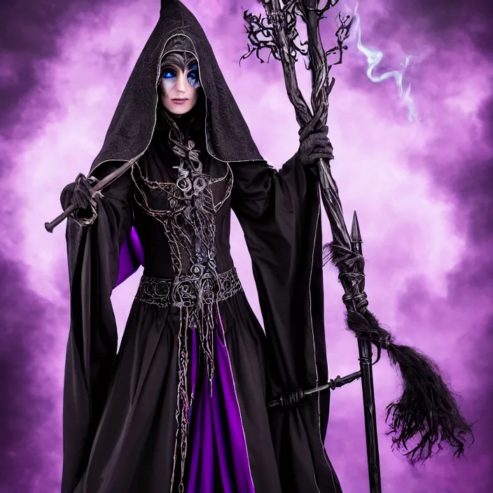 Image similar to photograph of a real - life beautiful! elemental darkness witch with ornate black and purple robes and staff. extremely detailed. 8 k