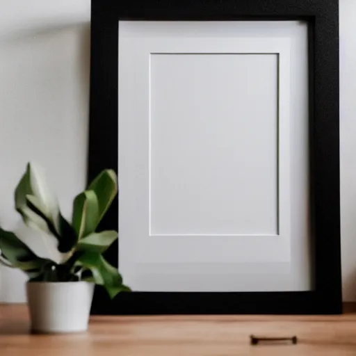 Prompt: minimalist mockup photo of large blank frame on floor with light wooden moulding, white background wall, boho carpet, one light potted plant, trending on etsy