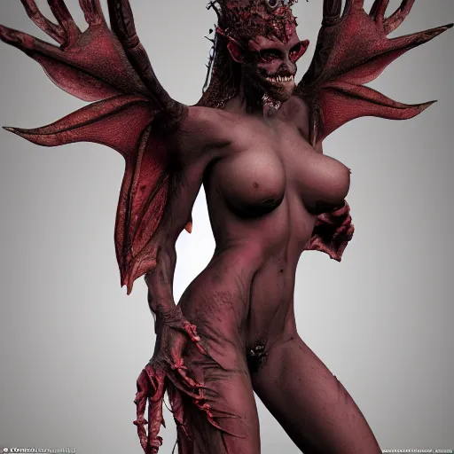 Prompt: the horrifying succubus monster, terrifying and beautiful, dark fantasy, red sun rays, high quality render, intricate detail