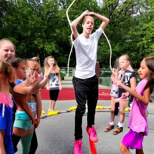 Image similar to pete davidson playing jump rope with a bunch of small girls, cheering him on, pete davidson is wearing all black