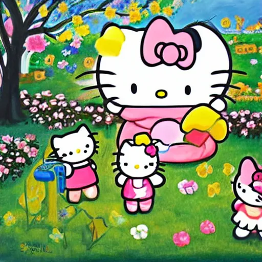 Image similar to painting of hello kitty and cinnamoroll and kuromi and my melo playing outside on a sunny day, by yoko shimizu, by sanrio