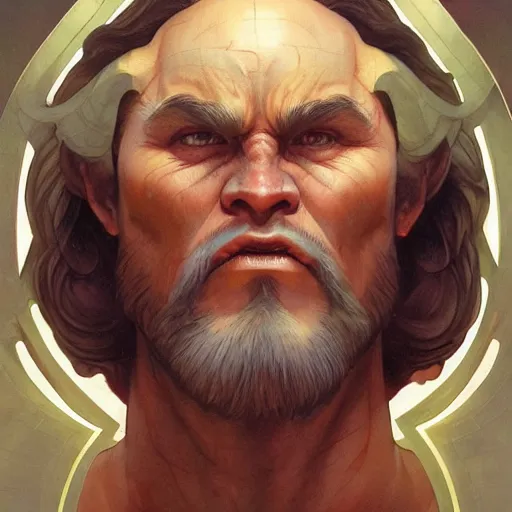 Image similar to hulking herculean ogre jesus christ, masterpiece, intricate, elegant, highly detailed, digital painting, artstation, concept art, smooth, sharp focus, illustration, art by artgerm and greg rutkowski and alphonse mucha and uang guangjian and gil elvgren and sachin teng, symmetry!!