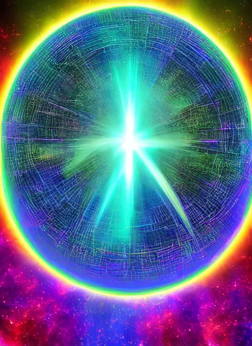 Image similar to matrix coded globe emitting rays of light into the vast cosmos digital art