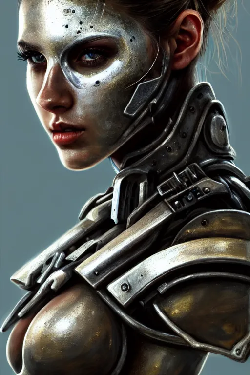 Prompt: a photorealistic painting of an attractive young girl, partially clothed in dirty metal-plated battle armor, a tiny spot of blood, olive skin, long dark hair, beautiful bone structure, symmetrical face, perfect eyes, intricate, elegant, digital painting, concept art, illustration, sharp focus, minimal artifacts, volumetric lighting, from Metal Gear, in the style of Ruan Jia and Mandy Jurgens and Greg Rutkowski, trending on Artstation, award winning