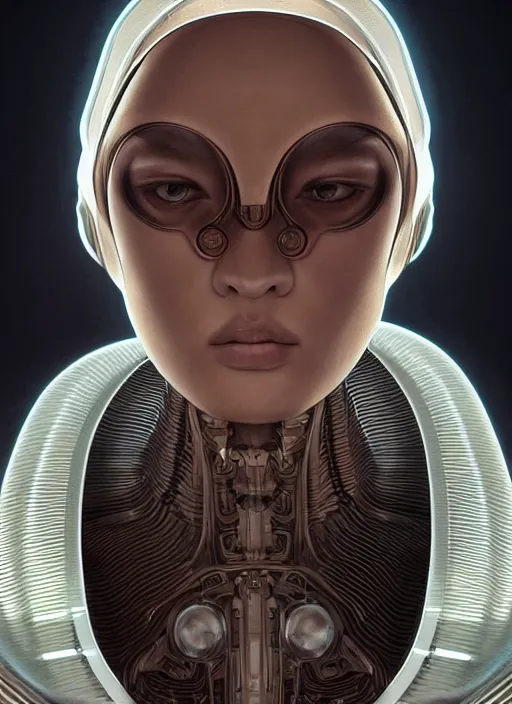 Image similar to beautiful portrait of an alien cyborg, style of Feng Zhu, Artstation geometric, aesthetic, big eyes, smooth skin, angelic, unique features, symmetrical, intricate crown, high fashion, streetwear, cyberpunk, detailed, octane render, cinematic, 8k, brown skin, retro sci fi film, Stanisław Szukalski + Moebius,