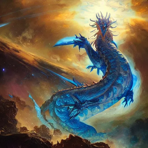 Image similar to prompt blue crystalline dragon, European dragon, devouring a planet, space, planets, moons, sun system, nebula, oil painting, by Fernanda Suarez and and Edgar Maxence and greg rutkowski