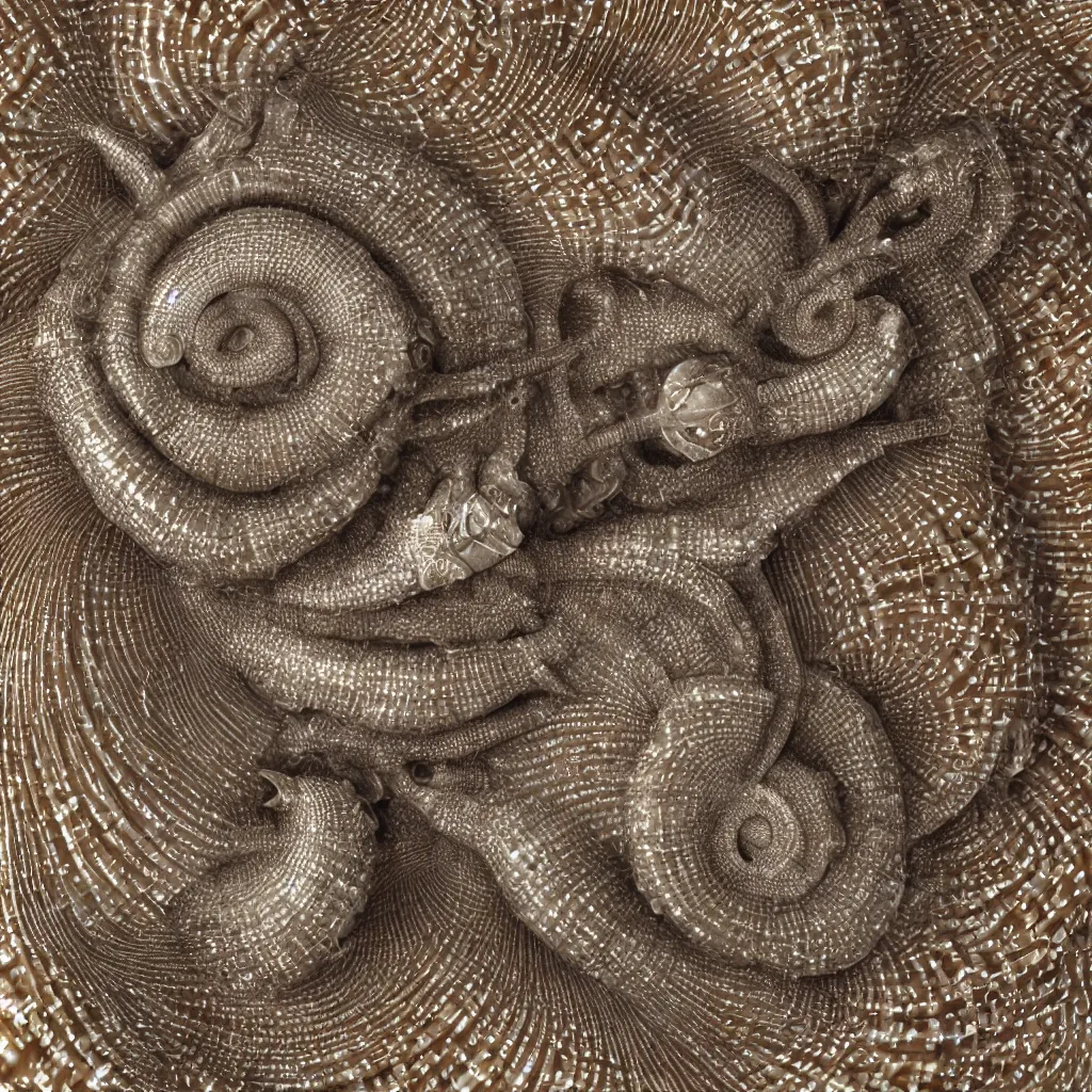 Image similar to macro of geometric complex sea snail by ernst haeckel, closeup, fractal, realistic cinema 4 d render, beach sand background, clear focus, very coherent, very detailed