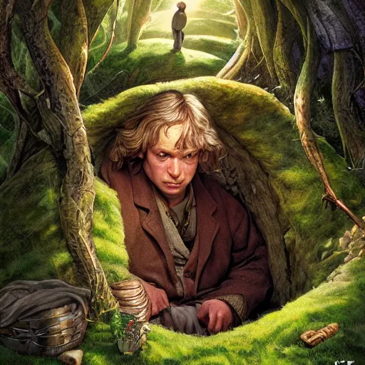 Prompt: In a hole there lived a hobbit by Joe Jusko, rendered in hyperdetailed Ultra HD, trending on ArtStation, luminous