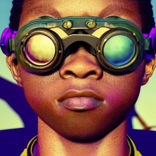 Prompt: colourful vfx portrait - art of a nigerian boy wearing steam punk goggles, art by utagawa kunisada & james jean, volumetric light, ray tracing, unreal engine, octane 3 d render, sharp, detailed, digital render, illustration, highly detailed, intricate detail, pinterest, behance, art station,