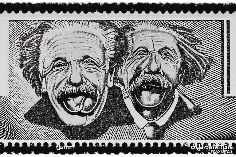 Image similar to goofy engraved portrait of albert einstein sticking tongue out, detailed!!! duotone engraving in the style of a postage stamp, freemason symbol, fine!!! lines, engraved by m. c. escher