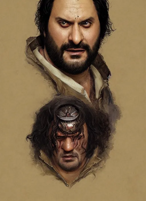 Image similar to portrait of Nandor from What We Do in the Shadows (2019), highly detailed, centered, solid color background, digital painting, artstation, concept art, smooth, sharp focus, illustration, artgerm, donato giancola, Joseph Christian Leyendecker, Les Edwards, Ed Repka, WLOP, Artgerm