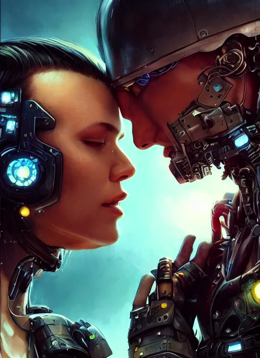 Prompt: ultra realistic close - up of a couple of cyborgs kissing, lovers, cyberpunk, sci - fi, fantasy, kodak, led color, flare, soft light, night, highly detailed, digital painting, concept art, sharp focus, illustration, art by artgerm and greg rutkowski