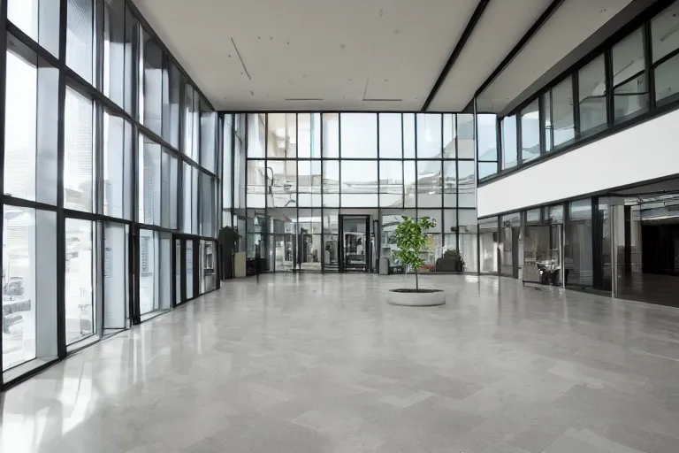 Prompt: a beautiful office building lobby with sleek modern design and large windows