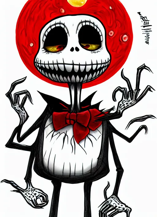 Image similar to jack skellington as a cosmic horror garfield with razor sharp teeth, red eyes, red teeth, digital art, lineart