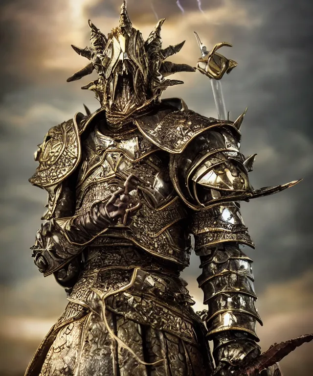 Image similar to hyperrealistic rendering, epic dark souls boss, ornate supreme demon overlord, jewel crown, war armor battle, by art of skinner and richard corben, product photography, collectible action figure, sofubi, hottoys, storm clouds, outside, lightning