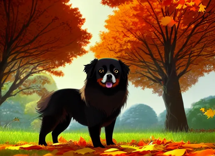 Image similar to a wholesome animation key shot of a black tibetan spaniel, autumn trees in the background, autumn leaves in the foreground, studio ghibli, pixar and disney animation, sharp, rendered in unreal engine 5, anime key art by greg rutkowski, bloom, dramatic lighting