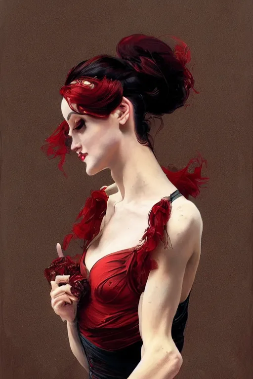 Image similar to a beautiful portrait of prima ballerina with long black and deep red colored hair dressed as a 1 9 6 0 s go - go dancer, intricate, elegant, highly detailed, digital painting, artstation, concept art, symmetrical face, matte, sharp focus, illustration, art by greg rutkowski and alphonse mucha