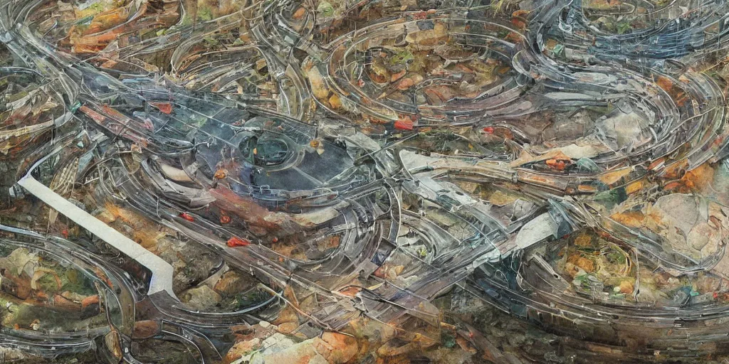 Prompt: organic cars moving fast on a huge road interchange in a desolated landscape, fluid, smooth, bright colours, high contrast, sharpness, beautiful, peaceful, very detailed, intricate, volumetric lighting, by moebius and beksinski and bosch and bacon and giger and corben