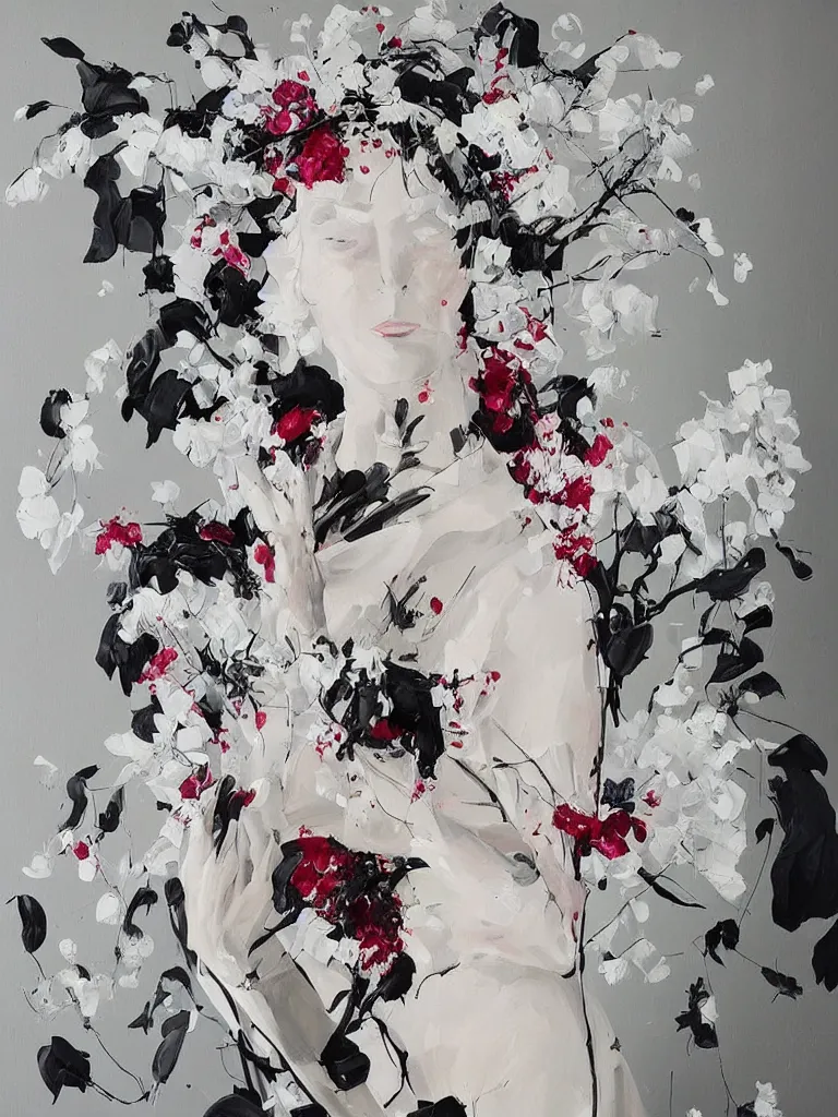 Image similar to “art in an Australian artist’s apartment, painting of a woman wearing white cotton cloth, organic, fresh berries, white wax, edible flowers, Japanese pottery, ikebana, black walls, acrylic and spray paint and oilstick on canvas”