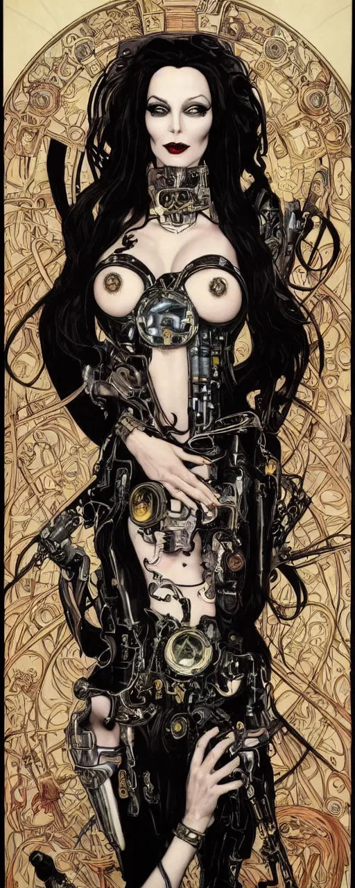 Image similar to a beautiful and captivating art nouveau heavy metal style portrait of morticia adams as an ironpunk rebel soldier by chris achilleos, chris bachalo and alphonse mucha, mixed media painting, photorealism, extremely hyperdetailed, perfect symmetrical facial features, perfect anatomy, ornate declotage, circuitry, technical detail, confident expression