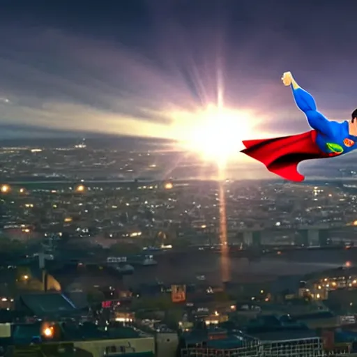 Image similar to A film still of superman flying over Dublin City Ireland