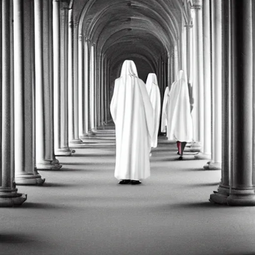 Prompt: nightmare vision, long depth of field. black and white, award winning photo of smiling levitating twin nuns, wearing translucent sheet, Mary in a sanctuary, mirror hallways, eerie, tall columns, frightening —width 1024 —height 1024