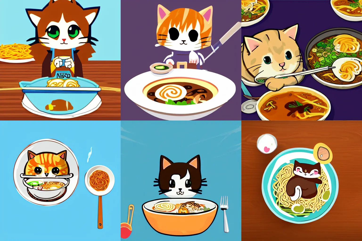 Prompt: Cute kawaii cat eating a bowl of ramen in The Legend of Zelda Breath of the Wild, toon shading, npr, white background