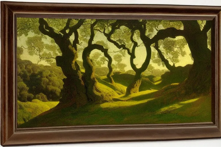 Image similar to masterpiece painting of oak trees on a hillside overlooking a creek, dramatic lighting, by elihu vedder