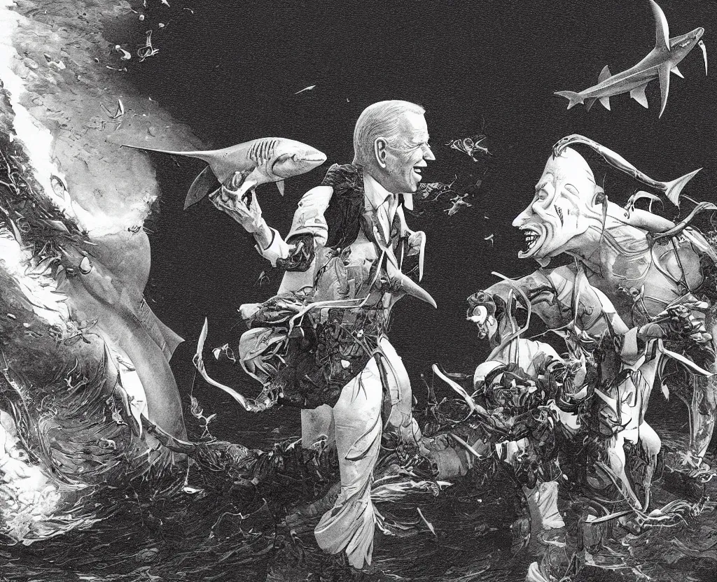 Prompt: joe biden debates a shark, illustration franklin booth