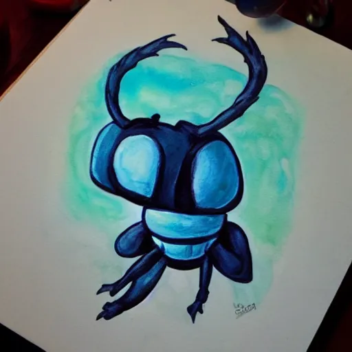 Prompt: Stitch as an hollow knight character, aquarel painting