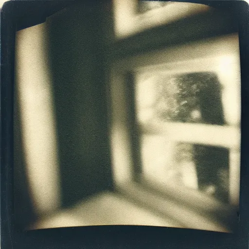 Prompt: dark room with a face peering through a window, distuburbing, horror, nightmare, terrifying, surreal, nightmare fuel, old polaroid, blurry, expired film, lost footage, found footage,