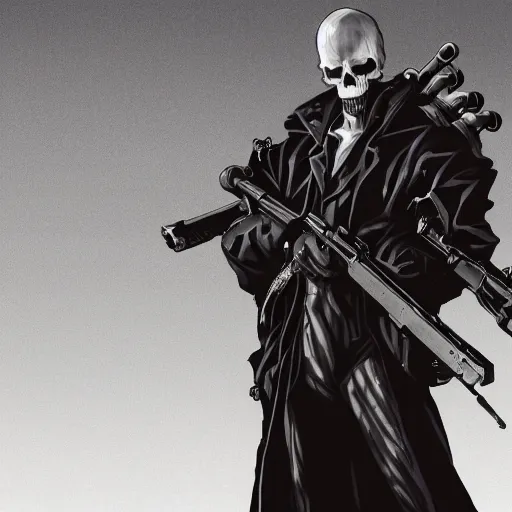 Image similar to a close shot of a grim reaper as gunsliger man in trigun series, skull face, movie shot, anime, hightly detailed, rescalated 4 k, detailed