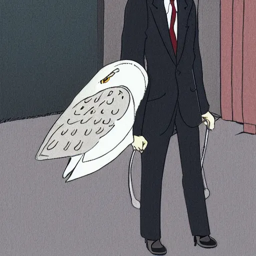 Prompt: barn owl in a black suit wearing an office bag going to the office,drawn by Hayao Miyazaki , highly detailed,anime, anime shot,anime colours, inspired by My Neighbor Totoro 1988,cell shading,volumetric dynamic lighting,anime lighting