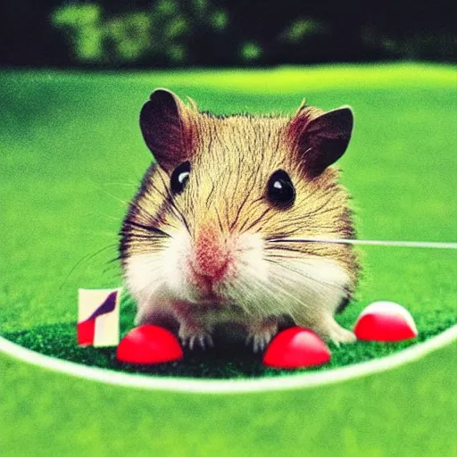 Image similar to “ hamster coming out of a golf hole, golf flag next to hole ”