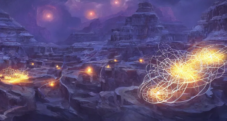 Image similar to night, a lot of people and a spiral - shaped white luminous attractor is floating in grand canyon, concept art, art for the game, professional lighting, art