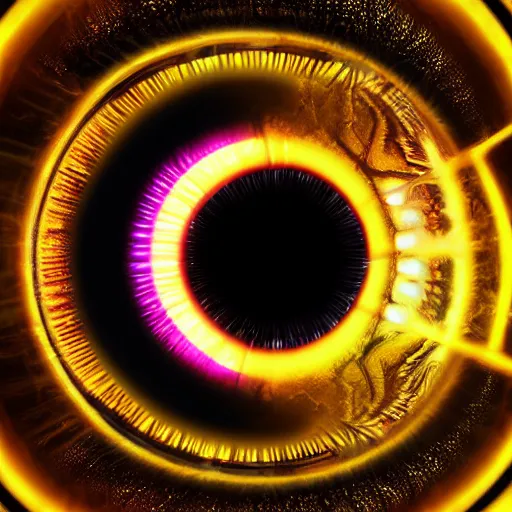 Image similar to photorealistic eye with infinity mirror effect. hyperdetailed photorealism, 1 0 8 megapixels, amazing depth, high resolution, 3 d shading, 3 d finalrender, 3 d cinematic lighting, glowing rich colors, psychedelic overtones, artstation concept art.