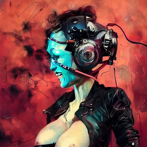 Image similar to grinning woman in a vr headset wearing leather outfit, dynamic energic pose, cyberpunk in the style of adrian ghenie, esao andrews, jenny saville, surrealism, dark art by james jean, takato yamamoto