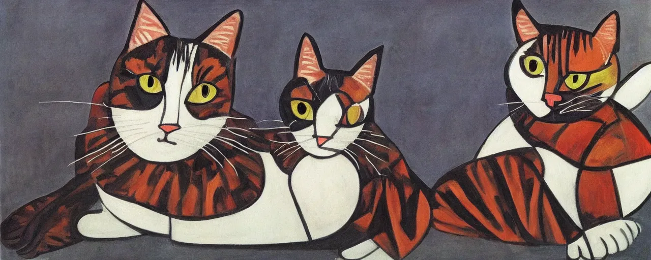 Prompt: a tortoiseshell and white cat in the style of pablo Picasso