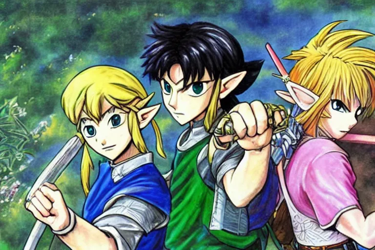 Prompt: Zelda and Link, anime, 4k, art style of Togashi Yoshihiro and Takeuchi Naoko,