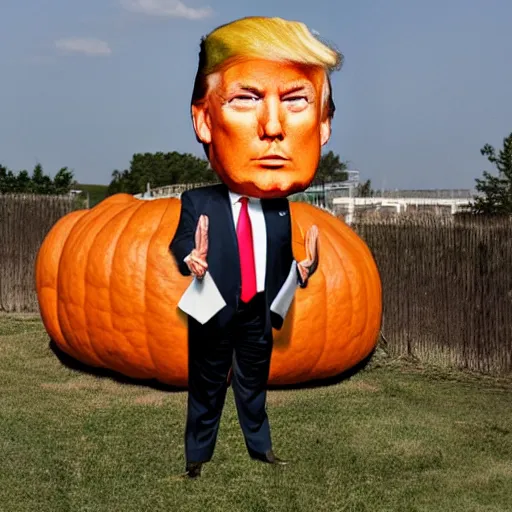 Prompt: donald trump in a giant pumpkin head