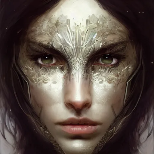 Image similar to a full-face portrait of an attractive young woman, clothed in battle armor, olive skin, long dark hair, beautiful bone structure, symmetrical facial features, intricate, elegant, highly detailed, digital painting, trending on Artstation, concept art, smooth, sharp focus, illustration, from Metal Gear by Ruan Jia and Mandy Jurgens and Artgerm and and william-adolphe bouguerea, award winning