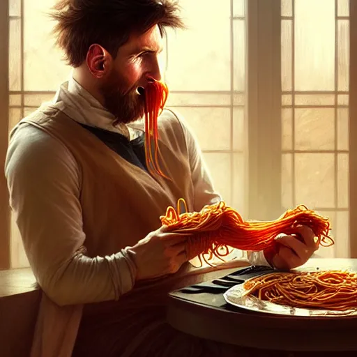 Image similar to Messi eating spaghetti, D&D, fantasy, intricate, elegant, highly detailed, digital painting, artstation, concept art, matte, sharp focus, illustration, art by Artgerm and Greg Rutkowski and Alphonse Mucha