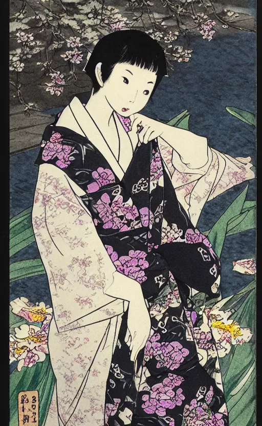 Prompt: by akio watanabe, manga art, a black hair girl sitting on wooden lake bridge and iris flowers, trading card front, kimono, realistic anatomy