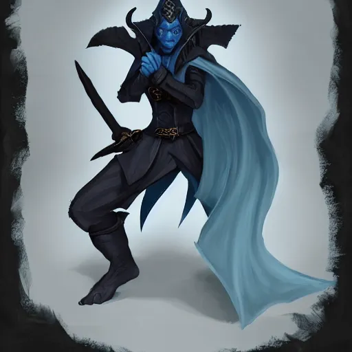 Image similar to D&D character concept art of a cloaked tiefling, tiefling rogue, blue skin color with short horns and a devil tail, fighting pose of a Rogue holding daggers, black cloak hidden in shadows, full body pose, soft colors, fantasy, intricate, elegant, highly detailed, digital painting, artstation, concept art, smooth, sharp focus, illustration, wide angle shot, full body visible, art by artgerm and H R Giger and alphonse mucha