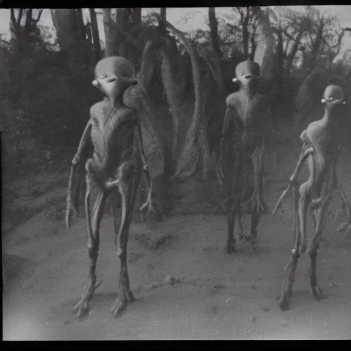 Image similar to polaroid photograph of horrorific alien beings visiting earth, 1 9 5 0