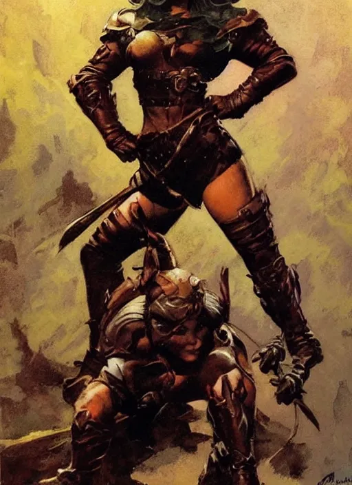 Image similar to portrait of strong female ranger, beautiful! coherent! by frank frazetta, by brom, strong line, deep color, leather armor, short buzzed hair, high contrast