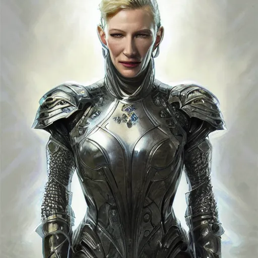 Image similar to portrait of cate blanchett in a platinum armor, intricate, headshot, highly detailed, digital painting, artstation, concept art, sharp focus, cinematic lighting, illustration, art by artgerm and greg rutkowski, alphonse mucha, cgsociety